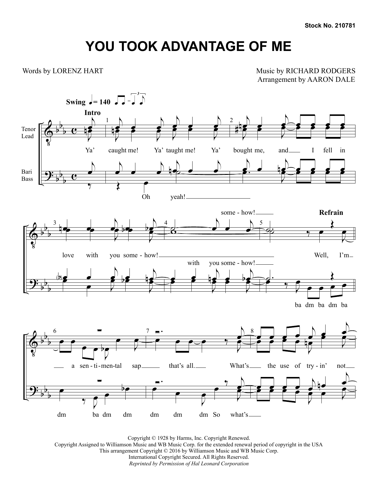 Learn to play Rodgers & Hart You Took Advantage of Me (arr. Aaron Dale) sheet music for TTBB Choir in minutes. Price: 3.9900$ Rodgers & Hart You Took Advantage of Me (arr. Aaron Dale) sheet music notes and chords arranged for TTBB Choir