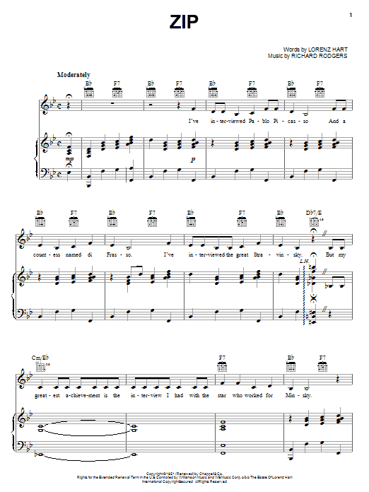 Learn to play Rodgers & Hart Zip sheet music for Piano, Vocal & Guitar Chords (Right-Hand Melody) in minutes. Price: 7.8900$ Rodgers & Hart Zip sheet music notes and chords arranged for Piano, Vocal & Guitar Chords (Right-Hand Melody)