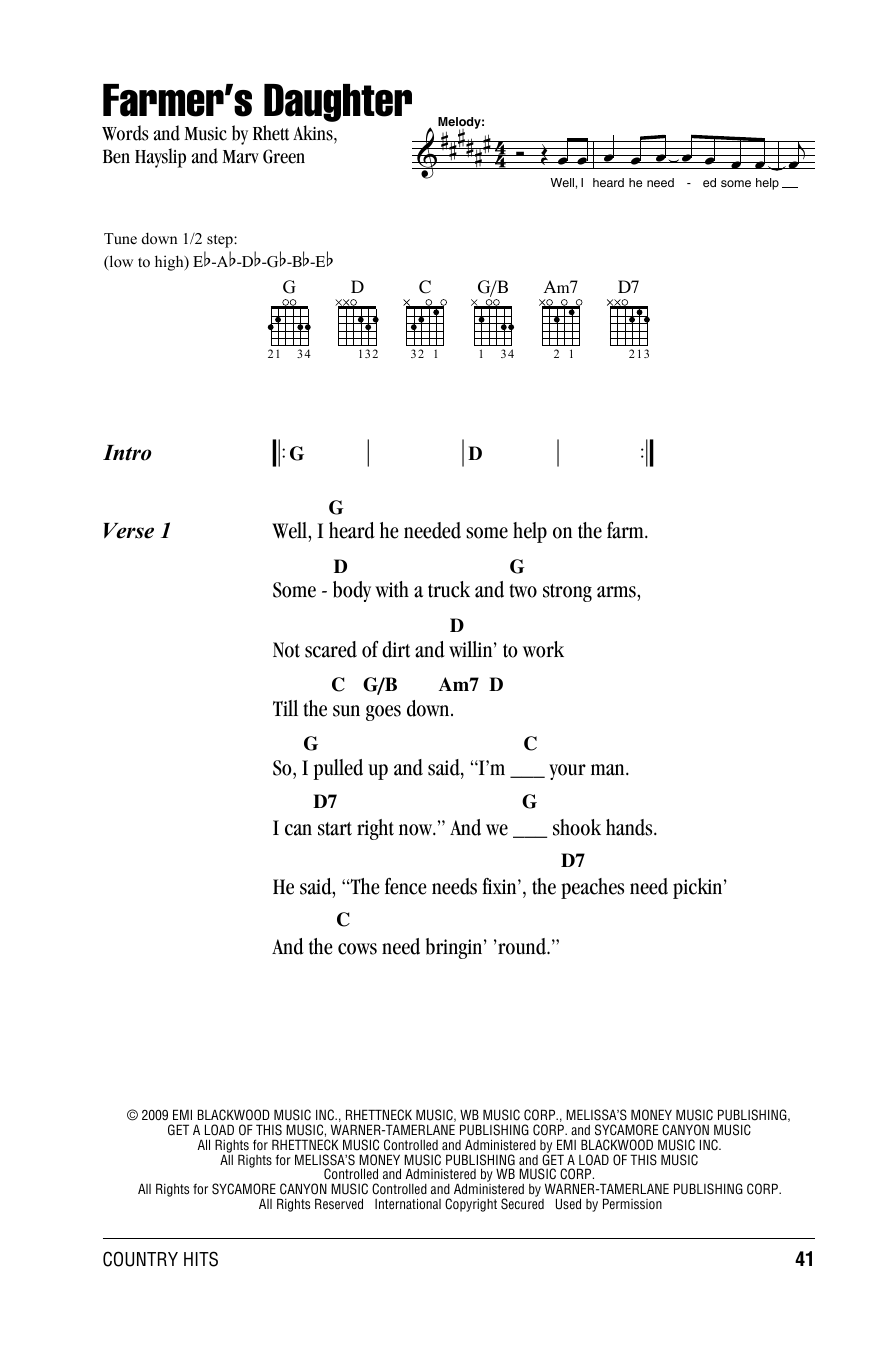 Rodney Atkins Farmer's Daughter sheet music notes and chords. Download Printable PDF.