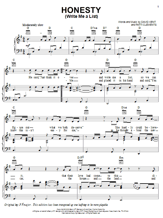 Learn to play Rodney Atkins Honesty (Write Me A List) sheet music for Piano, Vocal & Guitar Chords (Right-Hand Melody) in minutes. Price: 7.8900$ Rodney Atkins Honesty (Write Me A List) sheet music notes and chords arranged for Piano, Vocal & Guitar Chords (Right-Hand Melody)