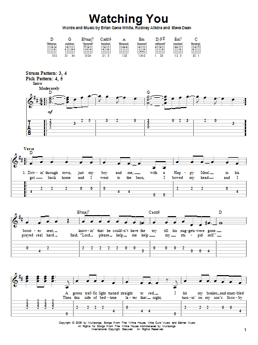 Rodney Atkins Watching You sheet music notes and chords. Download Printable PDF.