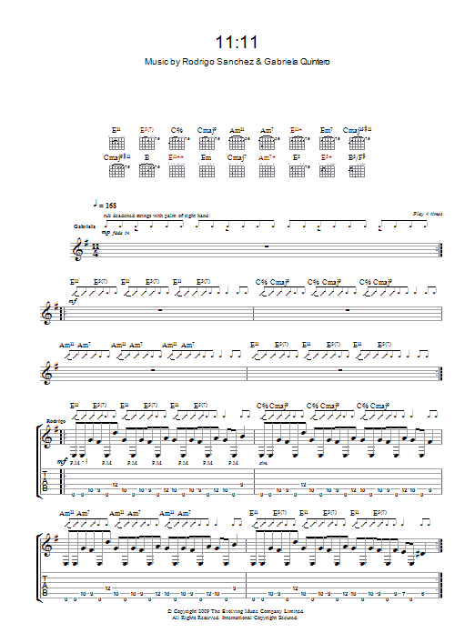Learn to play Rodrigo y Gabriela 11:11 sheet music for Guitar Tab in minutes. Price: 7.8900$ Rodrigo y Gabriela 11:11 sheet music notes and chords arranged for Guitar Tab