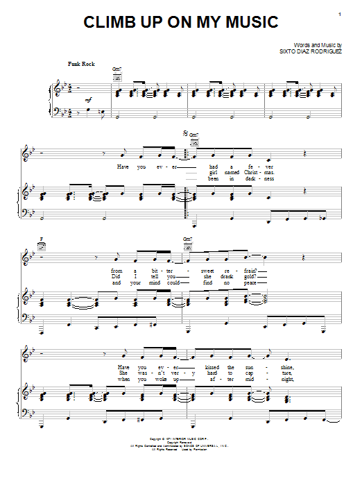 Learn to play Rodriguez Climb Up On My Music sheet music for Piano, Vocal & Guitar Chords (Right-Hand Melody) in minutes. Price: 7.8900$ Rodriguez Climb Up On My Music sheet music notes and chords arranged for Piano, Vocal & Guitar Chords (Right-Hand Melody)