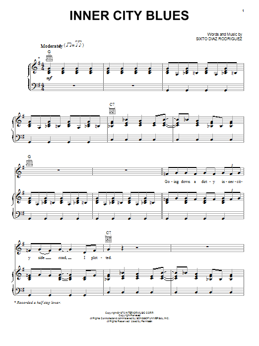 Learn to play Rodriguez Inner City Blues sheet music for Piano, Vocal & Guitar Chords (Right-Hand Melody) in minutes. Price: 7.8900$ Rodriguez Inner City Blues sheet music notes and chords arranged for Piano, Vocal & Guitar Chords (Right-Hand Melody)