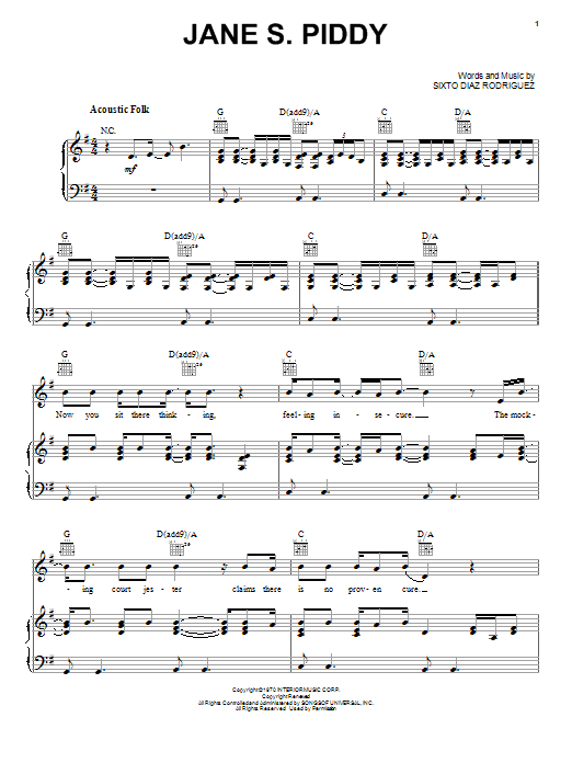 Learn to play Rodriguez Jane S. Piddy sheet music for Piano, Vocal & Guitar Chords (Right-Hand Melody) in minutes. Price: 7.8900$ Rodriguez Jane S. Piddy sheet music notes and chords arranged for Piano, Vocal & Guitar Chords (Right-Hand Melody)