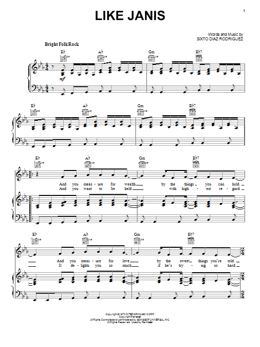 Learn to play Rodriguez Like Janis sheet music for Piano, Vocal & Guitar Chords (Right-Hand Melody) in minutes. Price: 7.8900$ Rodriguez Like Janis sheet music notes and chords arranged for Piano, Vocal & Guitar Chords (Right-Hand Melody)