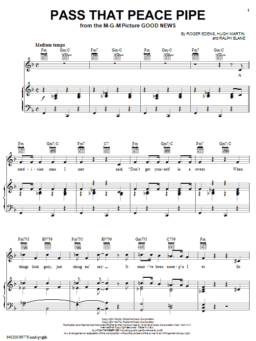 Roger Edens Pass That Peace Pipe sheet music notes and chords arranged for Piano, Vocal & Guitar Chords (Right-Hand Melody)