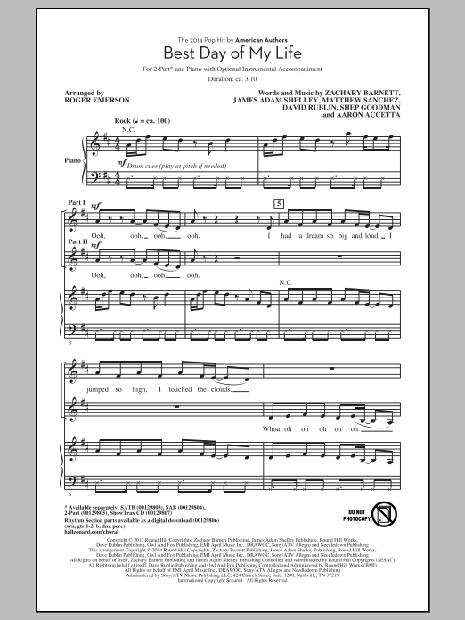 American Authors Best Day Of My Life (arr. Roger Emerson) sheet music notes and chords. Download Printable PDF.