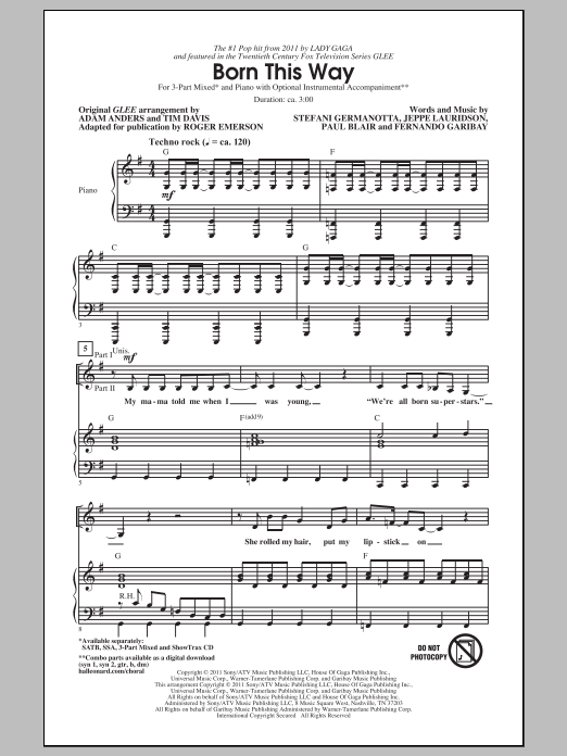 Glee Cast Born This Way (arr. Roger Emerson) sheet music notes and chords arranged for 3-Part Mixed Choir