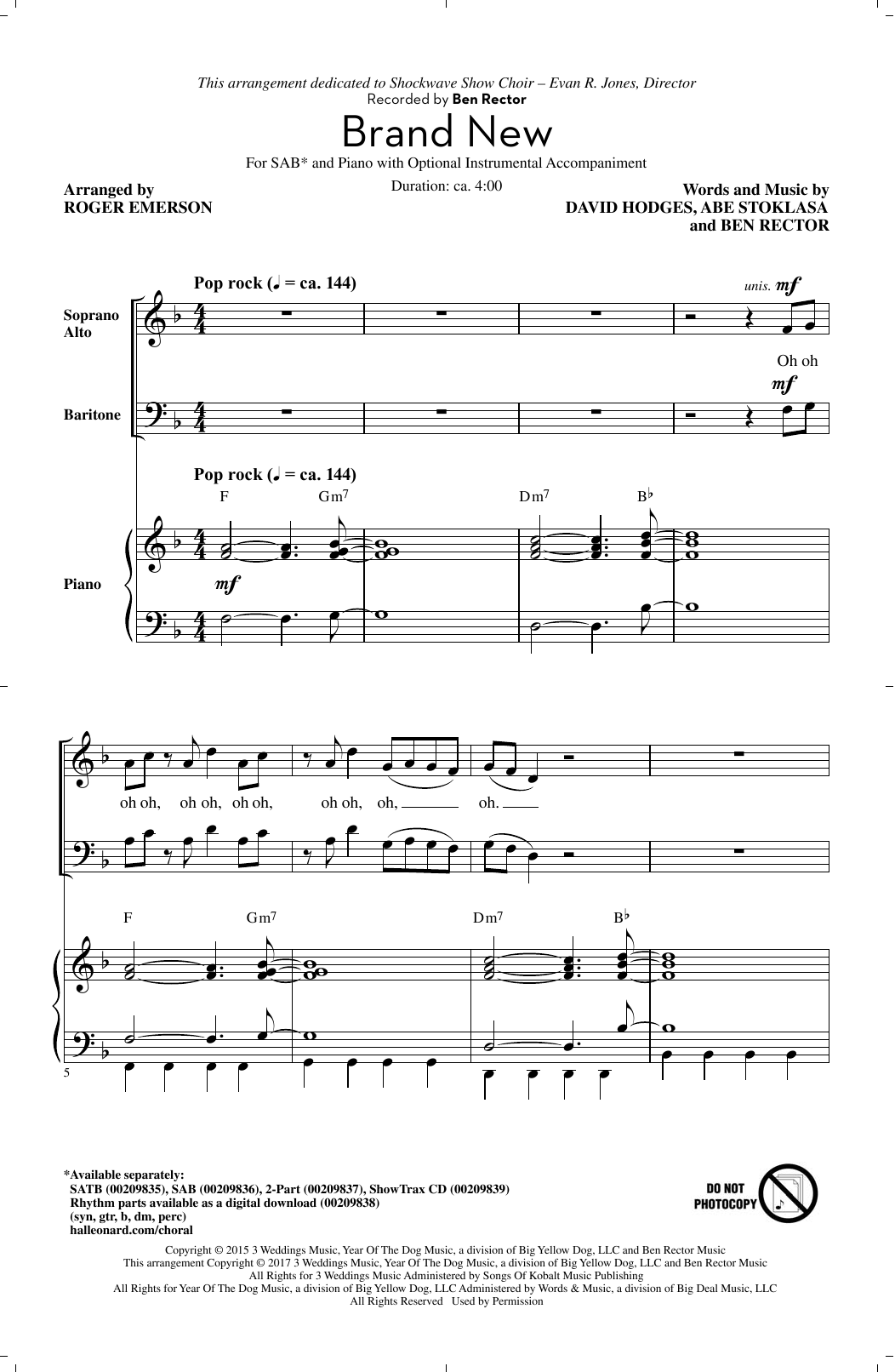 Ben Rector Brand New (arr. Roger Emerson) sheet music notes and chords arranged for SAB Choir