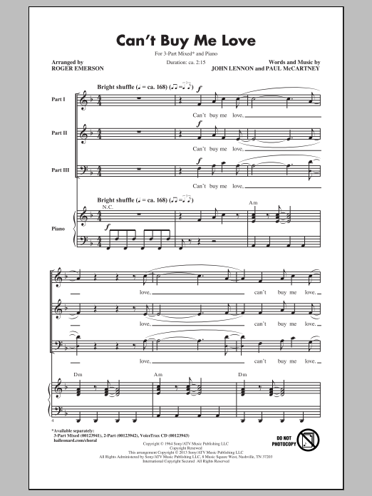 The Beatles Can't Buy Me Love (arr. Roger Emerson) sheet music notes and chords arranged for 3-Part Mixed Choir