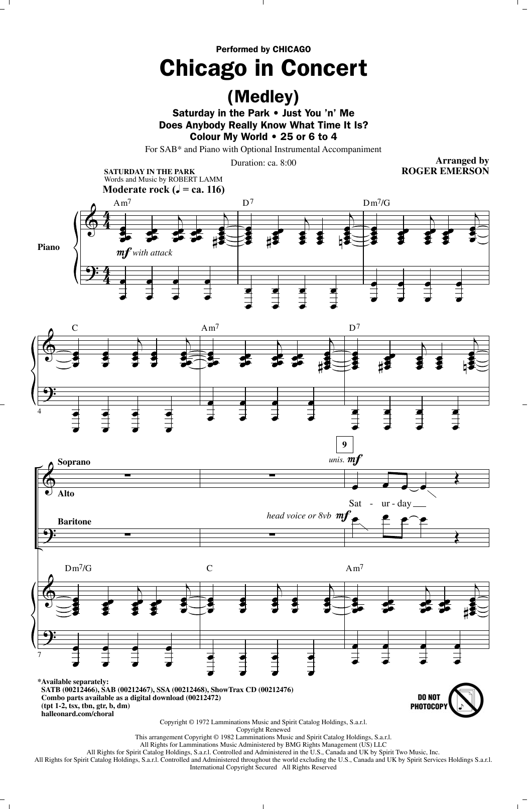 Learn to play Roger Emerson Chicago In Concert (Medley) sheet music for SAB Choir in minutes. Price: 3.9900$ Roger Emerson Chicago In Concert (Medley) sheet music notes and chords arranged for SAB Choir