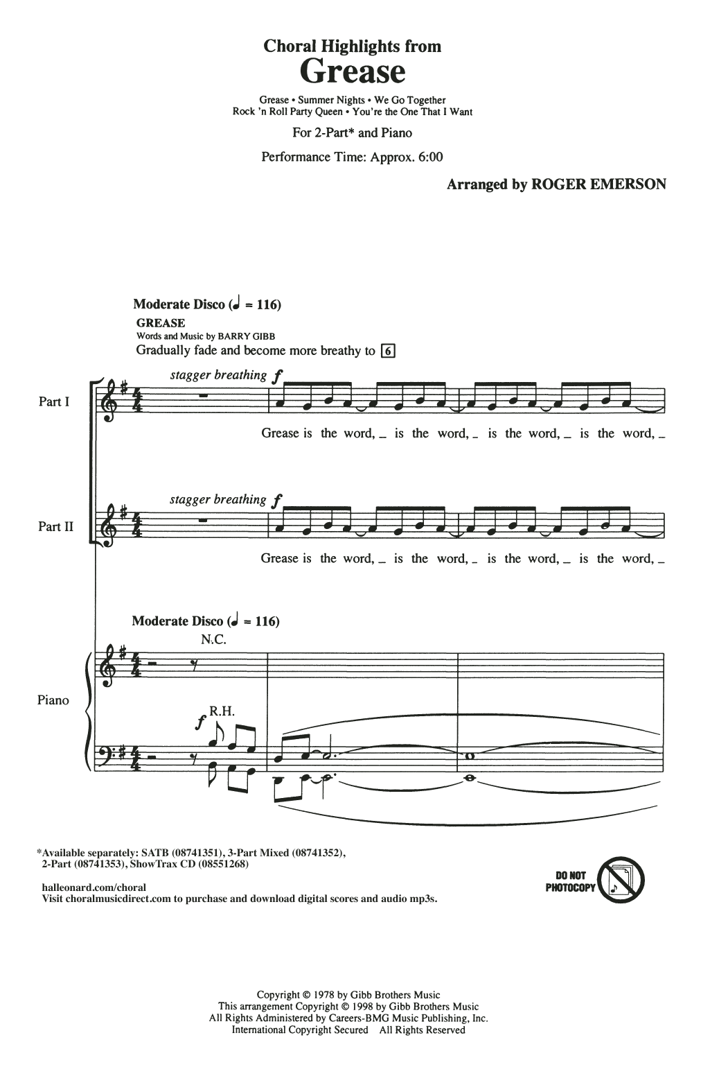 Roger Emerson Choral Highlights from Grease sheet music notes and chords. Download Printable PDF.