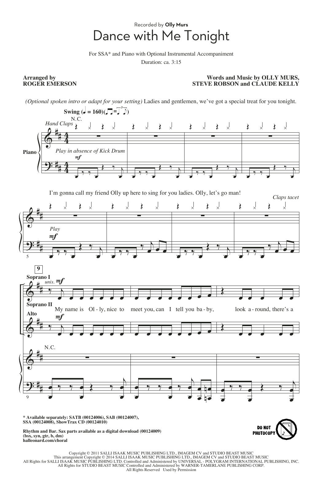 Olly Murs Dance With Me Tonight (arr. Roger Emerson) sheet music notes and chords. Download Printable PDF.