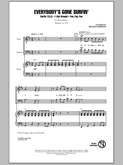 Learn to play Roger Emerson Everybody's Gone Surfin' sheet music for TB Choir in minutes. Price: 3.9900$ Roger Emerson Everybody's Gone Surfin' sheet music notes and chords arranged for TB Choir