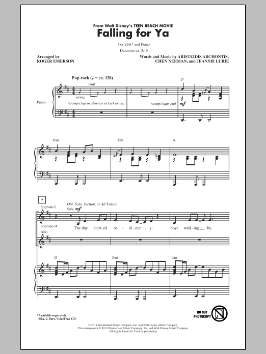 Grace Phipps Falling For Ya (from Teen Beach Movie) (arr. Roger Emerson) sheet music notes and chords arranged for SSA Choir