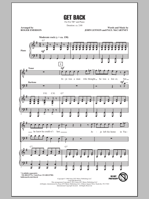 The Beatles Get Back (arr. Roger Emerson) sheet music notes and chords. Download Printable PDF.