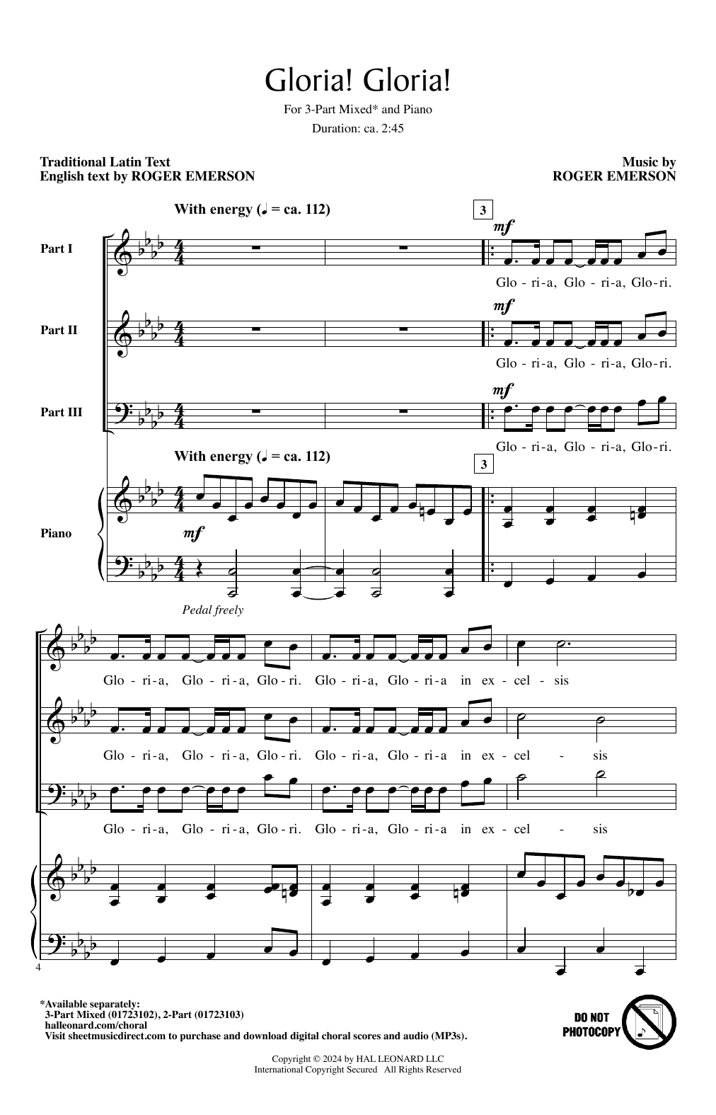 Roger Emerson Gloria! Gloria! sheet music notes and chords arranged for 3-Part Mixed Choir