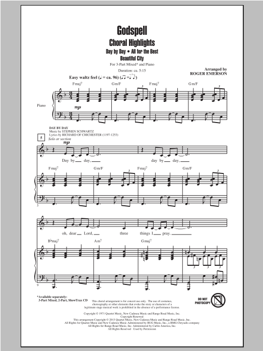 Learn to play Stephen Schwartz Godspell (Choral Highlights) (arr. Roger Emerson) sheet music for 3-Part Mixed Choir in minutes. Price: 4.7900$ Stephen Schwartz Godspell (Choral Highlights) (arr. Roger Emerson) sheet music notes and chords arranged for 3-Part Mixed Choir