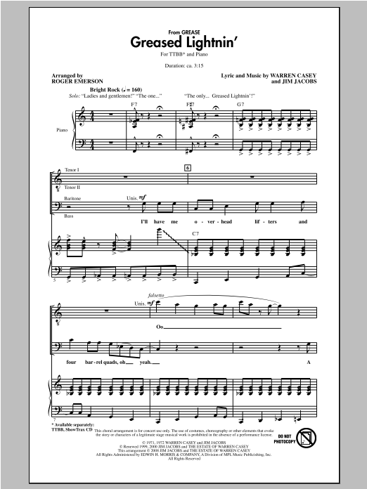 John Travolta Greased Lightnin' (arr. Roger Emerson) sheet music notes and chords arranged for TTBB Choir