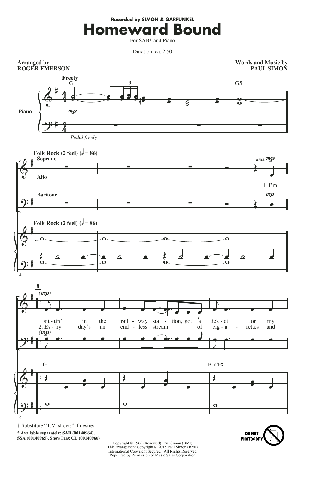 Roger Emerson Homeward Bound sheet music notes and chords. Download Printable PDF.