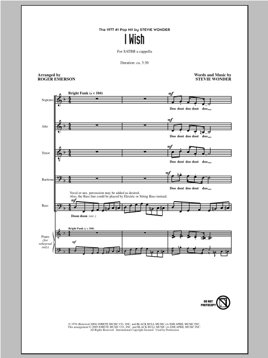 Stevie Wonder I Wish (arr. Roger Emerson) sheet music notes and chords arranged for SATB Choir