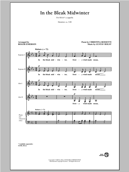 Roger Emerson In The Bleak Midwinter sheet music notes and chords. Download Printable PDF.