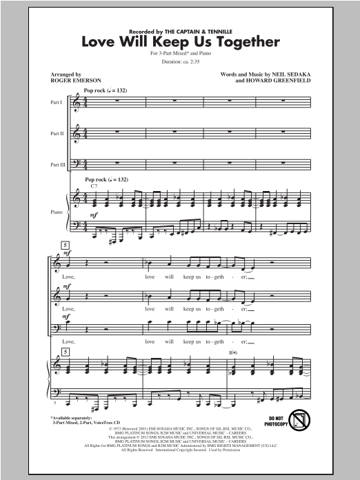 The Captain & Tennille Love Will Keep Us Together (arr. Roger Emerson) sheet music notes and chords arranged for 3-Part Mixed Choir