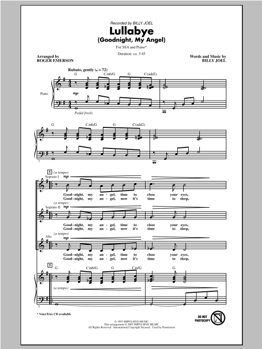 Billy Joel Lullabye (Goodnight, My Angel) (arr. Roger Emerson) sheet music notes and chords arranged for SSA Choir