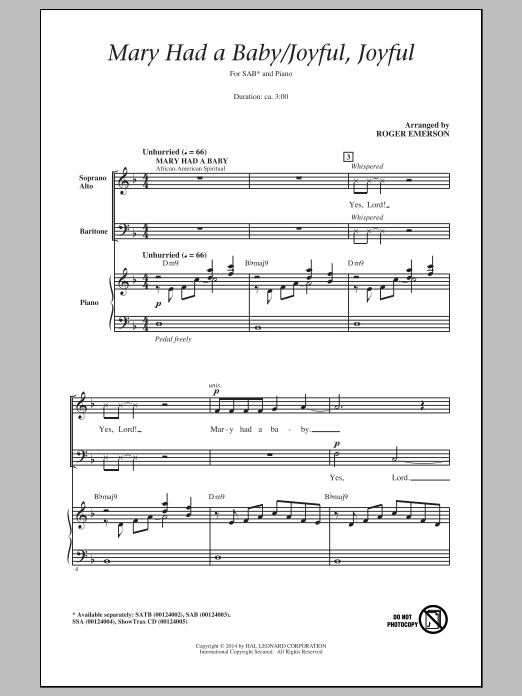 Roger Emerson Mary Had A Baby / Joyful, Joyful sheet music notes and chords arranged for SAB Choir