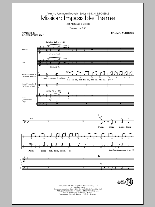 Lalo Schifrin Mission: Impossible Theme (arr. Roger Emerson) sheet music notes and chords. Download Printable PDF.