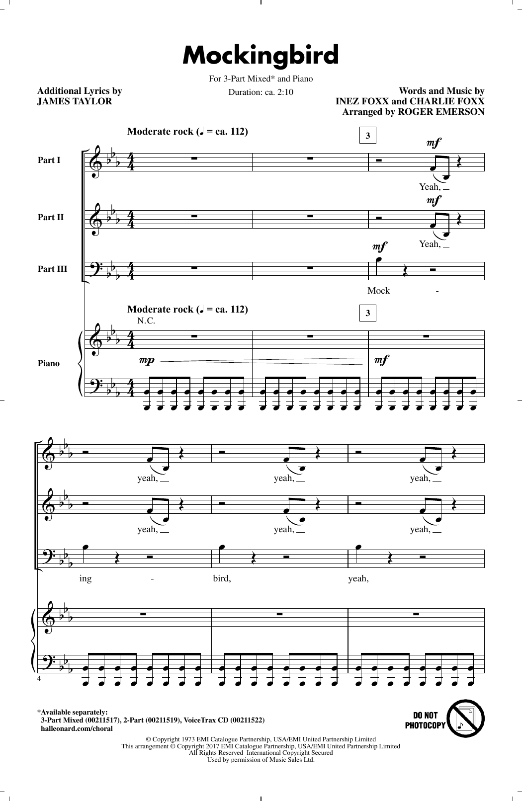 Learn to play Roger Emerson Mockingbird sheet music for 3-Part Mixed Choir in minutes. Price: 3.9900$ Roger Emerson Mockingbird sheet music notes and chords arranged for 3-Part Mixed Choir