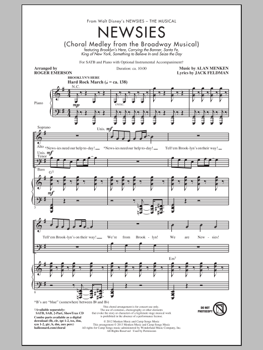 Alan Menken Newsies (Choral Medley) (arr. Roger Emerson) sheet music notes and chords. Download Printable PDF.