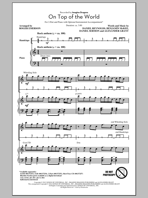 Imagine Dragons On Top Of The World (arr. Roger Emerson) sheet music notes and chords. Download Printable PDF.