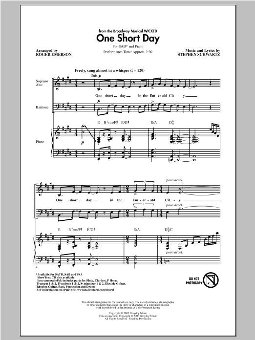 Roger Emerson One Short Day (from Wicked) sheet music notes and chords. Download Printable PDF.