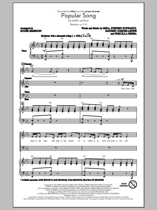 Mika Popular Song (arr. Roger Emerson) sheet music notes and chords. Download Printable PDF.