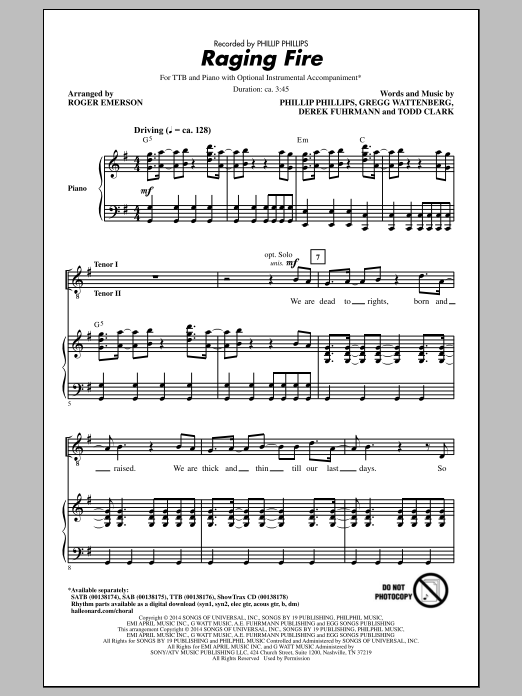 Phillip Phillips Raging Fire (arr. Roger Emerson) sheet music notes and chords. Download Printable PDF.