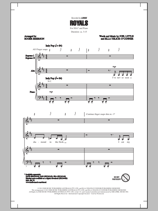 Lorde Royals (arr. Roger Emerson) sheet music notes and chords. Download Printable PDF.