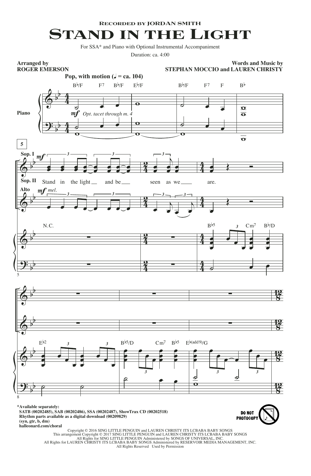 Learn to play Roger Emerson Stand In The Light sheet music for SSA Choir in minutes. Price: 3.9900$ Roger Emerson Stand In The Light sheet music notes and chords arranged for SSA Choir