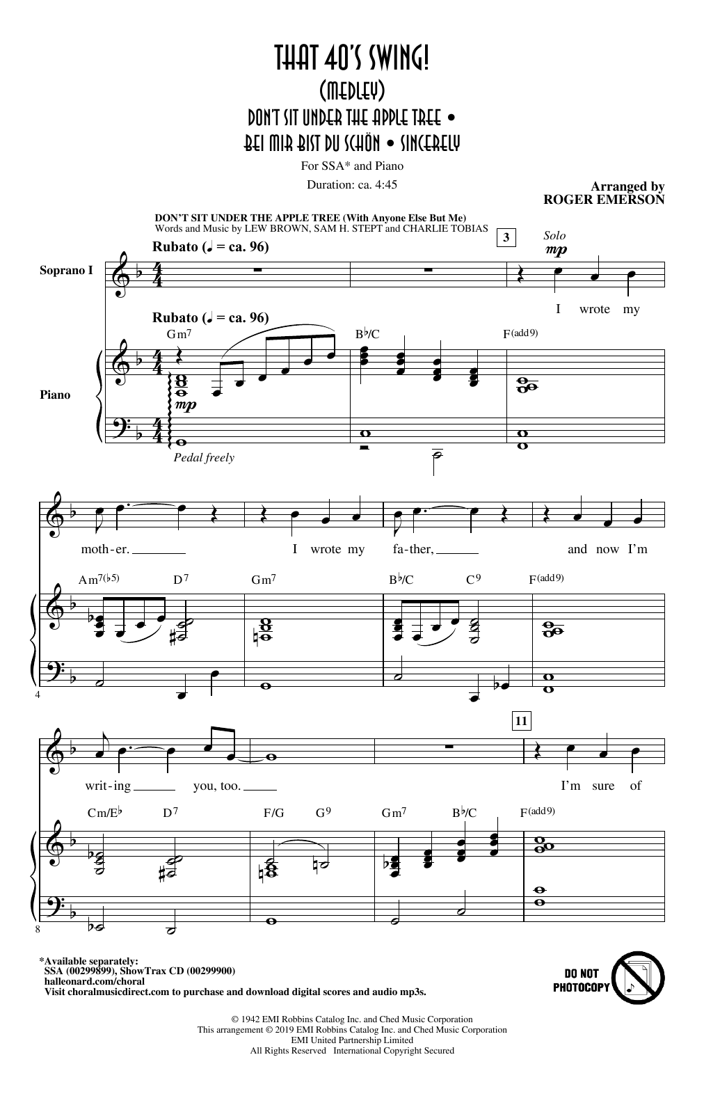 Learn to play Roger Emerson That 40's Swing! (Medley) sheet music for SSA Choir in minutes. Price: 3.9900$ Roger Emerson That 40's Swing! (Medley) sheet music notes and chords arranged for SSA Choir