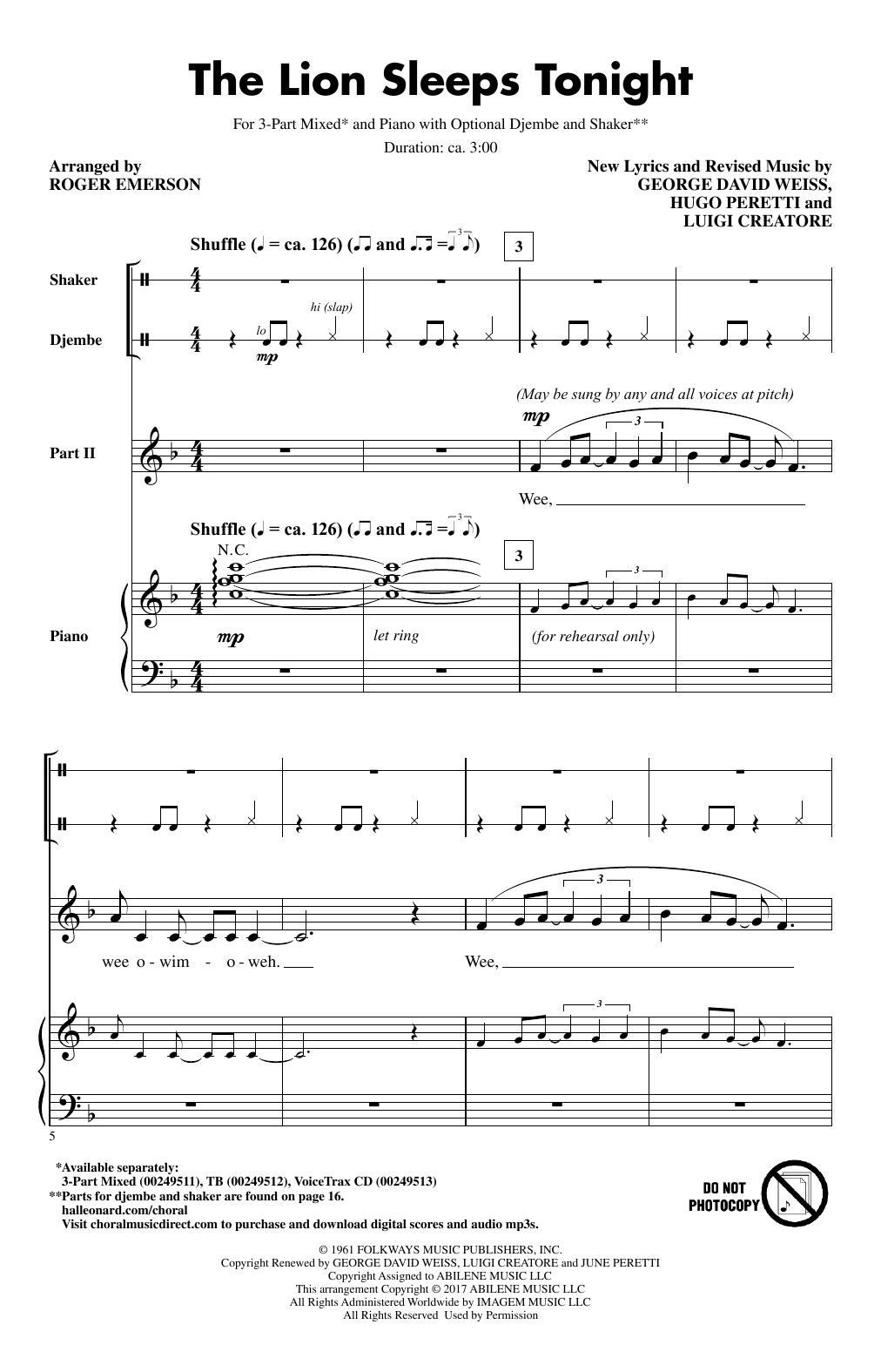 Roger Emerson The Lion Sleeps Tonight sheet music notes and chords. Download Printable PDF.