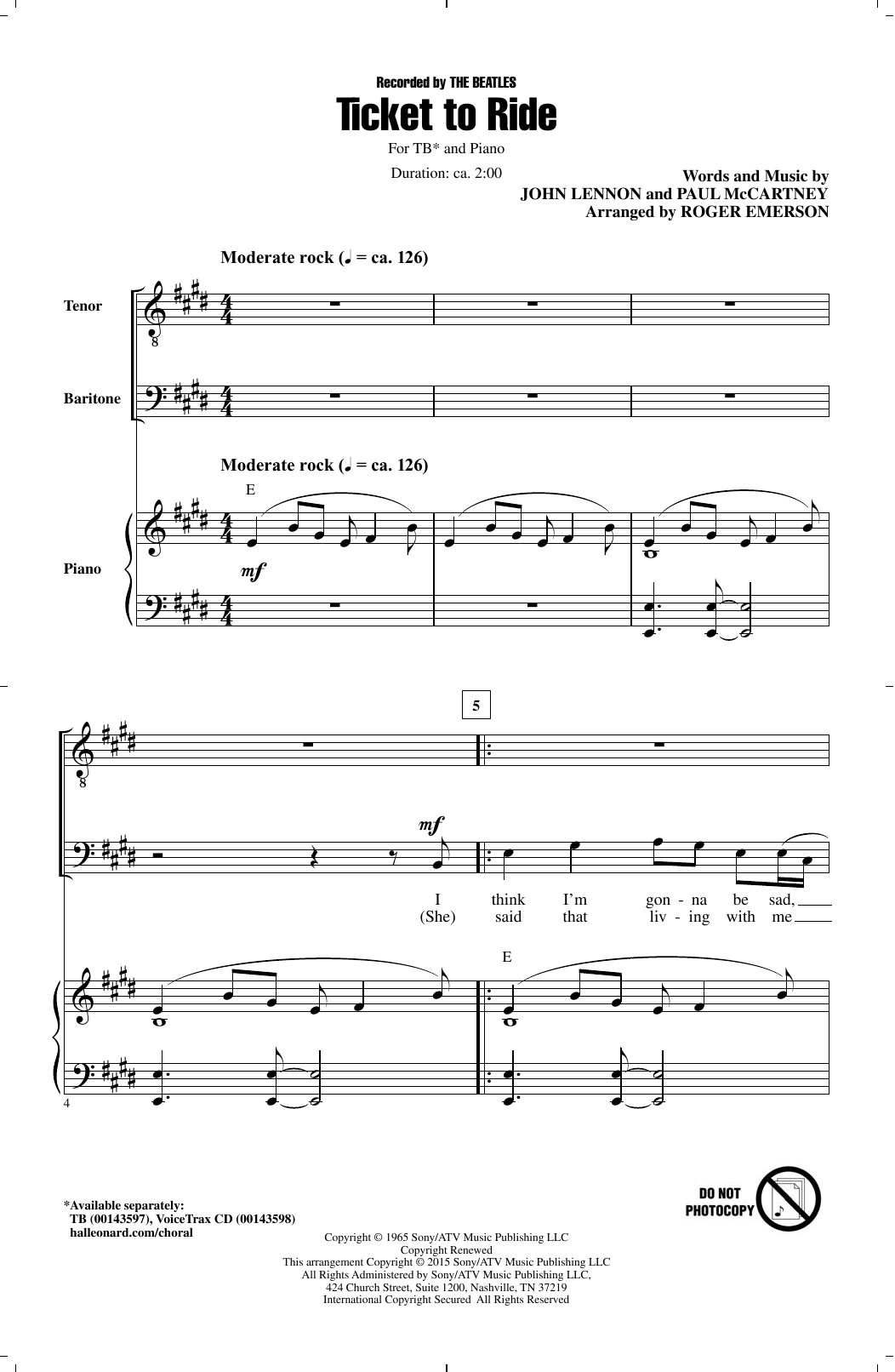 Roger Emerson Ticket To Ride sheet music notes and chords. Download Printable PDF.