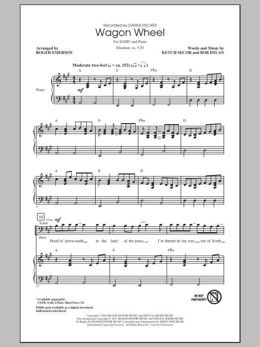 Learn to play Roger Emerson Wagon Wheel sheet music for SAB Choir in minutes. Price: 3.9900$ Roger Emerson Wagon Wheel sheet music notes and chords arranged for SAB Choir