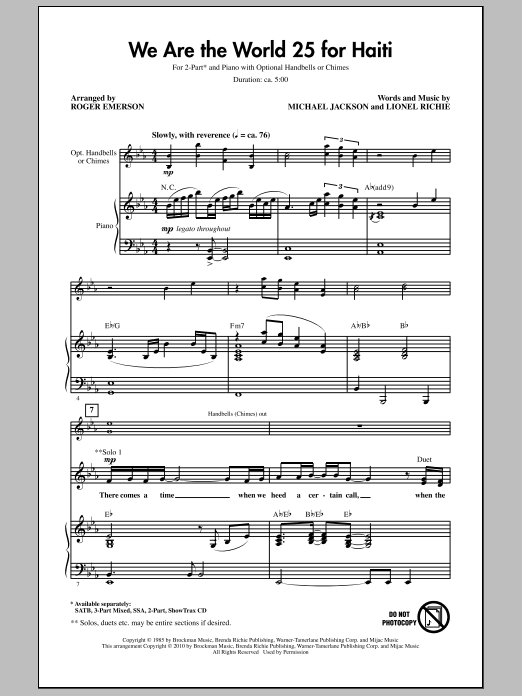 Roger Emerson We Are The World 25 For Haiti sheet music notes and chords. Download Printable PDF.