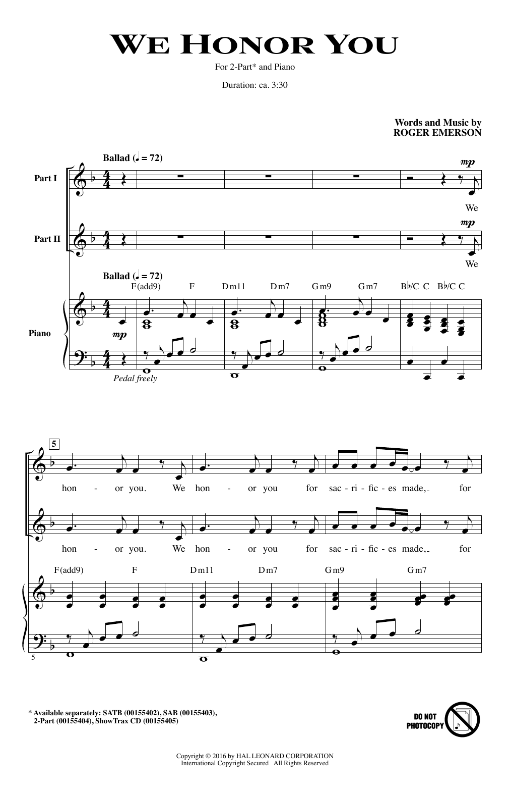 Roger Emerson We Honor You sheet music notes and chords. Download Printable PDF.