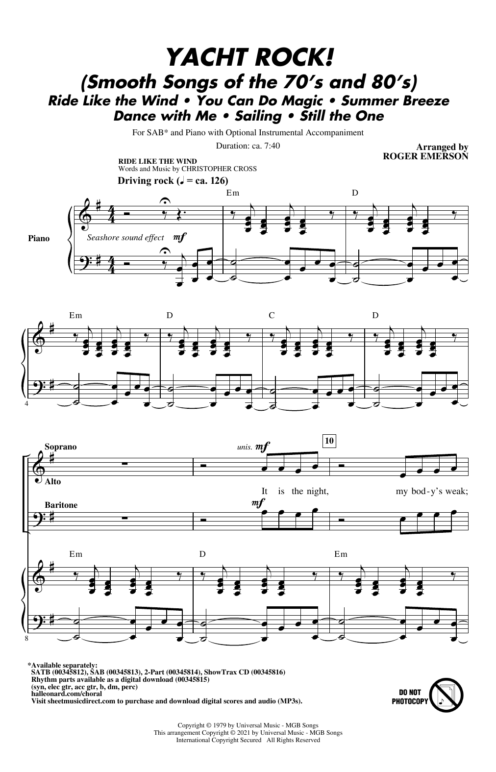 Learn to play Roger Emerson Yacht Rock! (Smooth Songs of the '70s and '80s) sheet music for SAB Choir in minutes. Price: 3.9900$ Roger Emerson Yacht Rock! (Smooth Songs of the '70s and '80s) sheet music notes and chords arranged for SAB Choir