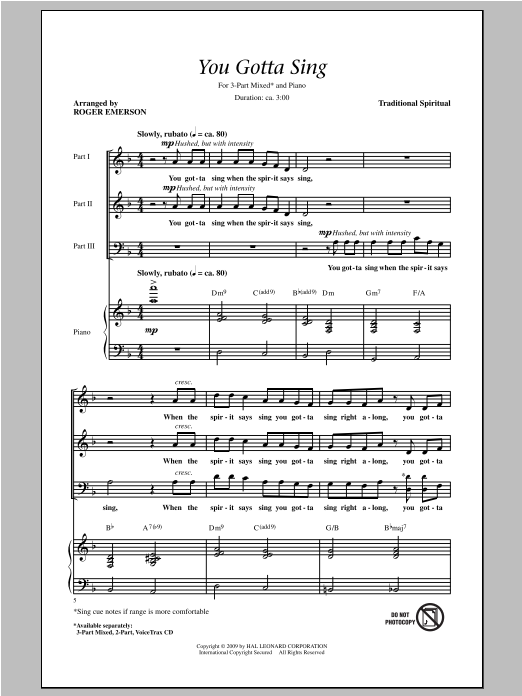 Roger Emerson You Gotta Sing sheet music notes and chords. Download Printable PDF.