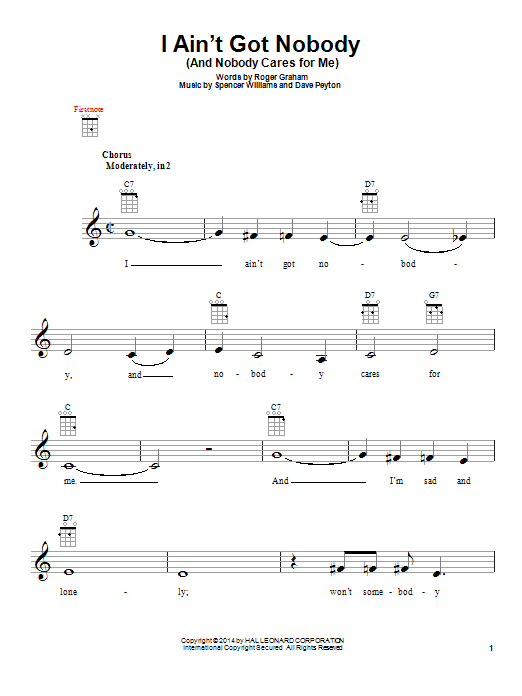 Learn to play Roger Graham I Ain't Got Nobody (And Nobody Cares For Me) sheet music for Ukulele in minutes. Price: 5.9900$ Roger Graham I Ain't Got Nobody (And Nobody Cares For Me) sheet music notes and chords arranged for Ukulele