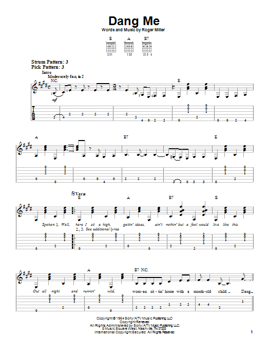 Roger Miller Dang Me sheet music notes and chords. Download Printable PDF.