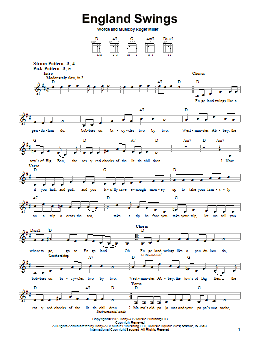 Roger Miller England Swings sheet music notes and chords. Download Printable PDF.